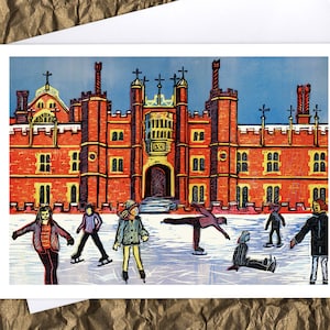 May include: A vintage-style illustration of a red brick building with a large gate and people ice skating in front of it. The building has a tall, pointed roof and many windows. The people are wearing winter clothing and are skating on a frozen pond.
