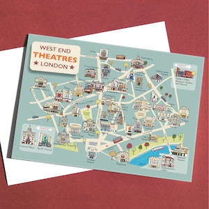May include: A map of London's West End Theatres, showing the location of various theaters, including the Dominion, Prince Edward, London Palladium, Lyric, Prince of Wales, Criterion, Harold Pinter Theatre, Theatre Royal Haymarket, His Majesty's Theatre, Victoria Palace, Apollo Victoria, Trafalgar Theatre, Palace, Shaftesbury, Gillian Lynne Theatre, Sadler's Wells, Barbican Theatre and Peacock, Cambridge Theatre, Phoenix, St. Martin's, Donmar Warehouse, Ambassador's Theatre, Wyndham's, Theatre Royal, Noel Coward Theatre, Opera House, Vaudeville, Duchess, Novello, Lyceum, Garrick, Savoy Theatre, The Strand, National Theatre, Old Vic, Shakespeare's Globe, and Playhouse.