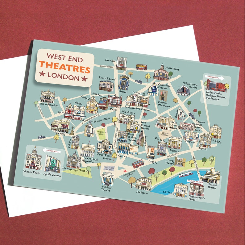 London Theatres Map Greetings Card Perfect for Tickets and Tokens, unique illustration for theatre lovers image 3