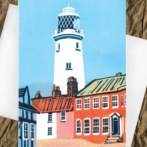 Southwold Lighthouse greetings card, from linocut