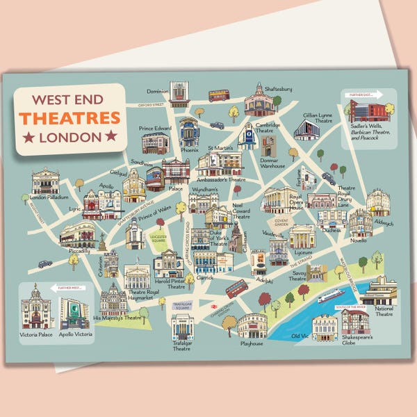 London Theatres Greetings Card: West End theatre map card