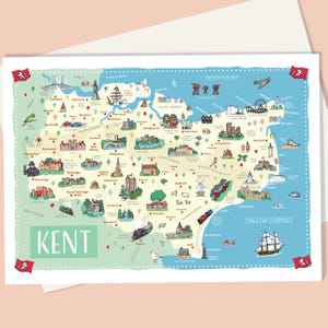 Kent Map Greetings Card, Illustrated Map of places and landmarks in the county of Kent; perfect card for anyone who loves Kent