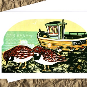 Turnstones at Hastings linocut art greetings card 7&quot;x5&quot;, birds, boat and beach