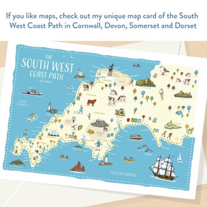 May include: A colorful illustrated map of the South West Coast Path in England. The map shows the coastline of Cornwall, Devon, Somerset, and Dorset. The map is blue with yellow, green, and red accents. The map includes landmarks, towns, and cities along the coast. The text "THE SOUTH WEST COAST PATH - 630 MILES -" is at the top of the map.