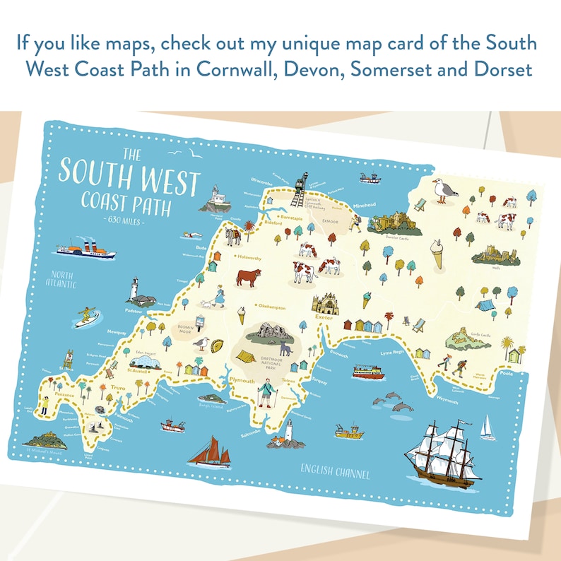 May include: A colorful illustrated map of the South West Coast Path in England. The map shows the coastline of Cornwall, Devon, Somerset, and Dorset. The map is blue with yellow, green, and red accents. The map includes landmarks, towns, and cities along the coast. The text "THE SOUTH WEST COAST PATH - 630 MILES -" is at the top of the map.
