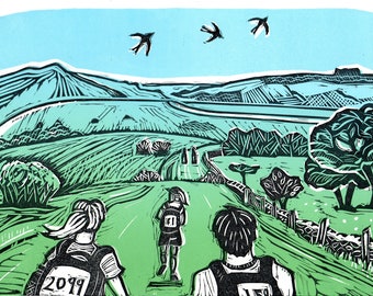 Linoprint Landscape, Mendip Challenge, Somerset, handprinted original linocut, limited edition, Mendip Hills