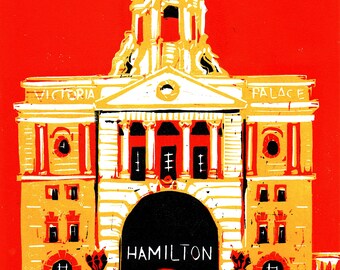 Victoria Palace Theatre linocut, limited edition signed original print of London theatre, original art