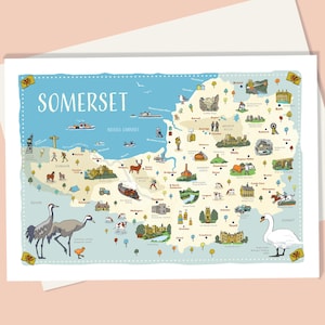 Carte du Somerset, carte de voeux illustrée des lieux et des monuments ; carte parfaite pour tous ceux qui aiment le Somerset