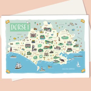 Carte du Dorset, carte illustrée des points de repère et des lieux ; carte parfaite pour tous ceux qui aiment le comté anglais du Dorset
