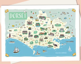 Dorset Map Greetings Card: Illustrated Landmarks Art