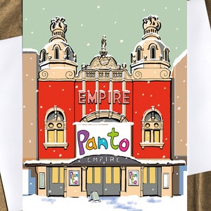 May include: A greeting card featuring a cartoon illustration of the Empire theater in the snow. The red building has the word "EMPIRE" across the top and "Panto" in colorful letters on a banner. Snowflakes fall around the building.