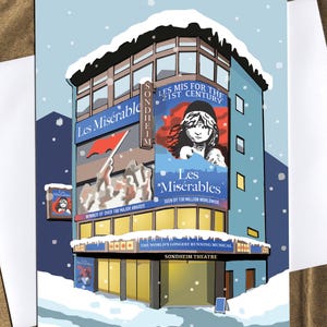 May include: A snowy illustration of the Sondheim Theatre in London, England. The building is decorated with posters for the musical Les Misérables, which reads "Les Mis for the 21st Century." The poster also states "Winner of over 100 major awards" and "Seen by 130 million worldwide." The theatre is also labeled "The World's Longest Running Musical."