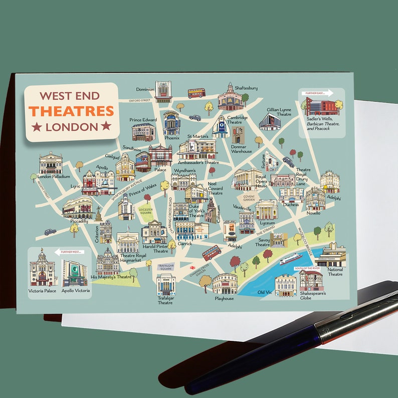 London Theatres Map Greetings Card Perfect for Tickets and Tokens, unique illustration for theatre lovers image 4