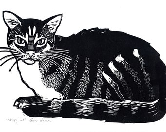 Stripy cat original linocut print, art print, handprinted original