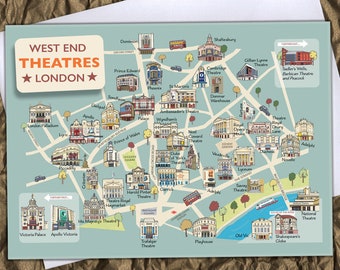 Map of London theatres greetings card - perfect for enclosing tickets or tokens