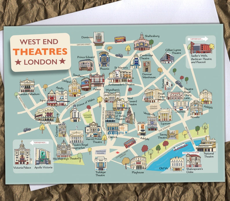 London Theatres Map Greetings Card Perfect for Tickets and Tokens, unique illustration for theatre lovers image 1