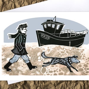Beach Walk greetings card from original linocut print, boat, dog, seaside