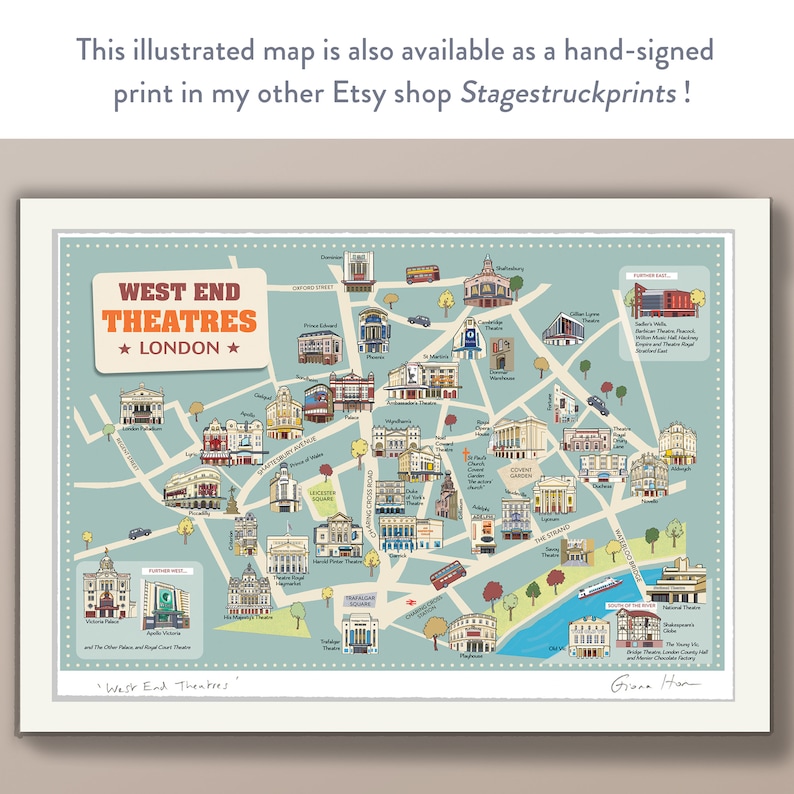 May include: A colorful illustrated map of the West End Theatres in London, England. The map shows the location of various theaters, including the Apollo Victoria, the Dominion, the Lyceum, and the National Theatre. The map is titled "West End Theatres" and includes the text "★ LONDON ★".