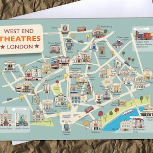 Carte de voeux carte des théâtres de Londres - Parfaite pour les billets et les jetons, illustration unique pour les amateurs de théâtre