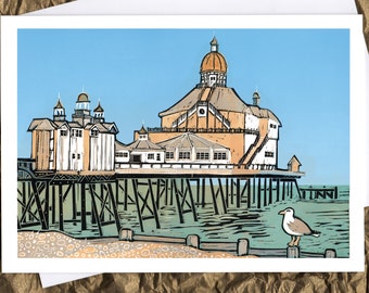 Eastbourne Pier greetings card, beach, seaside, East Sussex, linocut