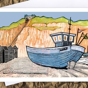 Bateaux de pêche à Hastings carte de voeux, linogravure, plage, bord de mer