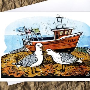 Fishing boat and seagulls greetings card, linocut, seaside, Hastings beach