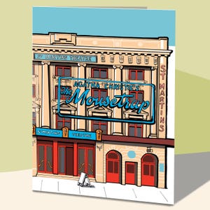 May include: A colourful illustration of St Martin's Theatre, London, featuring the play "The Mousetrap" by Agatha Christie. The building is beige with red doors and windows, and a blue sky. The play's title is in a neon sign.