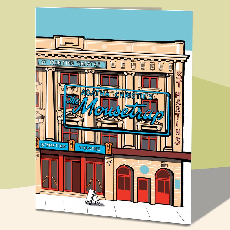 May include: A colourful illustration of St Martin's Theatre, London, featuring the play "The Mousetrap" by Agatha Christie. The building is beige with red doors and windows, and a blue sky. The play's title is in a neon sign.