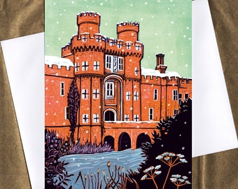 Herstmonceux Castle in the Snow 7"x5" greetings card, linocut