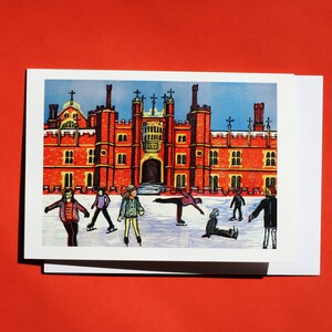 May include: A red brick building with a large archway and multiple windows. People are ice skating in front of the building. The scene is depicted in a colorful, stylized illustration.