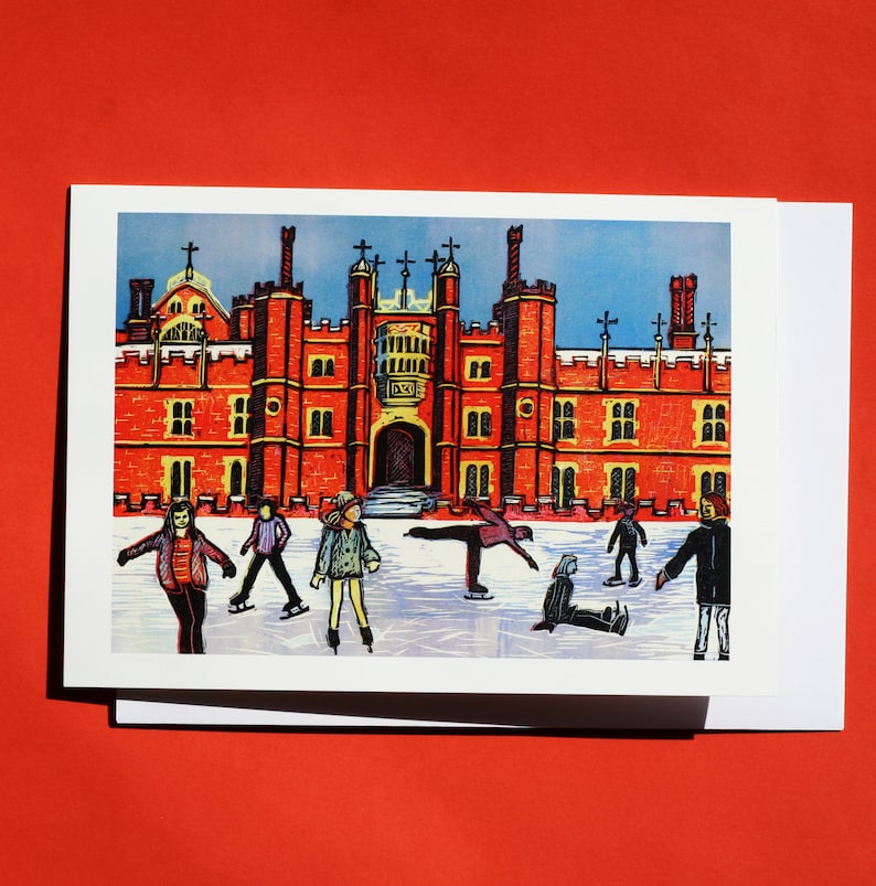 May include: A red brick building with a large archway and multiple windows. People are ice skating in front of the building. The scene is depicted in a colorful, stylized illustration.