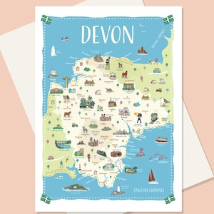 May include: A colorful illustrated map of Devon, England, with the word "Devon" in large letters at the top. The map features various landmarks, illustrations, and the English Channel. The map is surrounded by a light blue border and green flags.