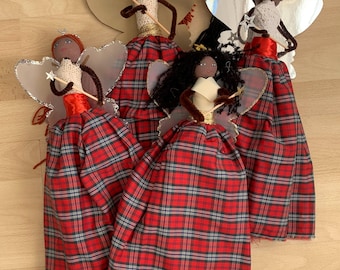 Handmade Christmas Fairy - Tree Topper - Red Tartan - Silver - Gold