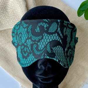 Upcycled sleep eye mask handmade in Ireland. Black and teal lace sleep mask. Sustainably made washable eye mask, blindfold, sleep aid