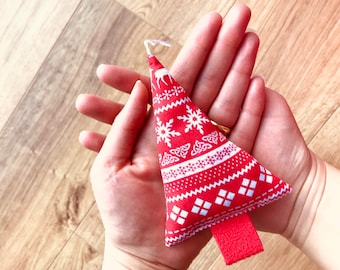 Upcycled Red Fabric Christmas tree decoration, handmade festive red and white hanging ornament, Nordic tree décor, xmas bauble, red tree