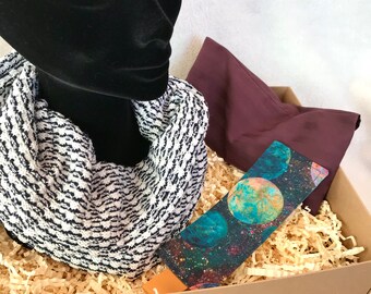 Confezione regalo Retreat, cuscino per gli occhi appesantito, sciarpa da collo in maglia, segnalibro, regalo coccola, confezione regalo ecologica, cesto relax, regalo vegano