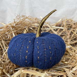 Upcycled blue knit pumpkin, large stuffed fabric pumpkin, reclaimed fabric decorative pumpkin, autumn décor, blue and gold plush pumpkin