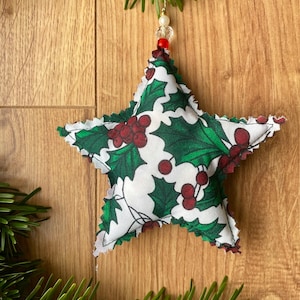 Upcycled Holly Fabric Christmas star decoration, handmade festive white and green hanging ornament, Holly décor, eco star xmas bauble