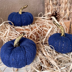 Upcycled set of 3 blue pumpkins, stuffed fabric pumpkins, blue and gold knit pumpkin, decorative pumpkin, autumn décor, eclectic decor