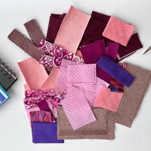 Wee Scraps Fabric Scraps, Orchid pink & purple, mix of fabric pieces for slow stitching, journals, collage art. Reclaimed fabric scraps