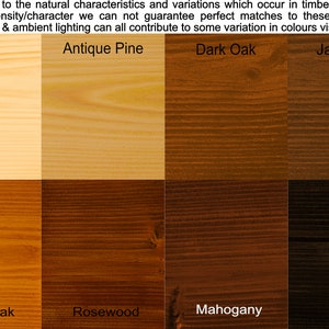 May include: Wood stain color chart showing eight different wood stain colors: Clear, Antique Pine, Dark Oak, Jacobean, Golden Oak, Rosewood, Mahogany, and Ebony.