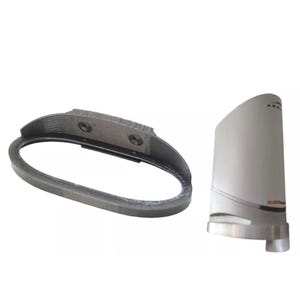 May include: A gray, oval-shaped device with a textured surface and two screws, next to a white, curved antenna with the text "SURFboard" and "AR" visible. The antenna has a silver base.