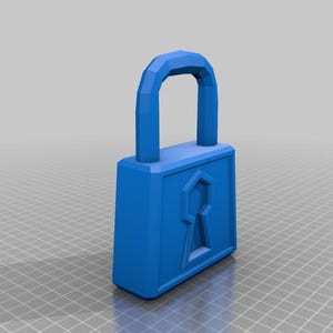 以下が含まれることがあります： 前面に鍵穴のデザインが施された、3Dレンダリングされた青い南京錠。南京錠は長方形の本体と湾曲したハンドルを備えています。背景はグリッドパターンです。