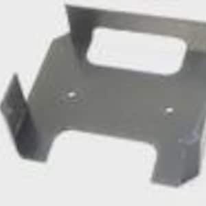 May include: A silver metal bracket with a rectangular aperture and two small holes. The bracket has a folded design with angled sides and a handle-like opening at the top. It is likely used for mounting or support.
