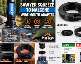May include: A black Sawyer Squeeze to Nalgene wide mouth adapter with precision threads. The adapter measures 58 mm in diameter and 14 mm in height. It is designed to connect a Sawyer Squeeze filter to a Nalgene wide mouth bottle.