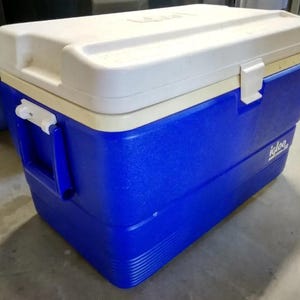 May include: A blue and white Igloo cooler with a rectangular shape. The cooler has a white lid and a blue base with a textured surface. It features a handle on the side and a latch to secure the lid.
