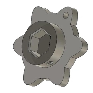 May include: A gray, star-shaped knob with a central hexagonal socket. The knob has a circular center and small holes for mounting. The design is a 3D rendering of a mechanical component.