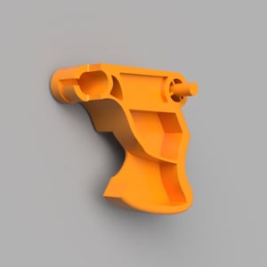 May include: An orange plastic spray bottle handle, featuring a trigger and a nozzle. The handle has a rounded design with a textured grip. The object is set against a gray background.
