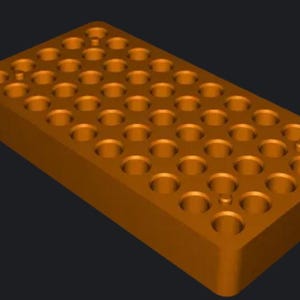 May include: An orange rectangular tray featuring multiple circular holes. The tray has rounded corners and is made of a solid material. The holes are uniformly spaced across the surface.