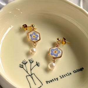 Dried Pressed Flower Earrings, Blue-Forget-Me-Not Earrings, &#39;Clara&#39; Collection Freshwater Pearl Studs, Dangle Earrings, Gold Flower Earrings